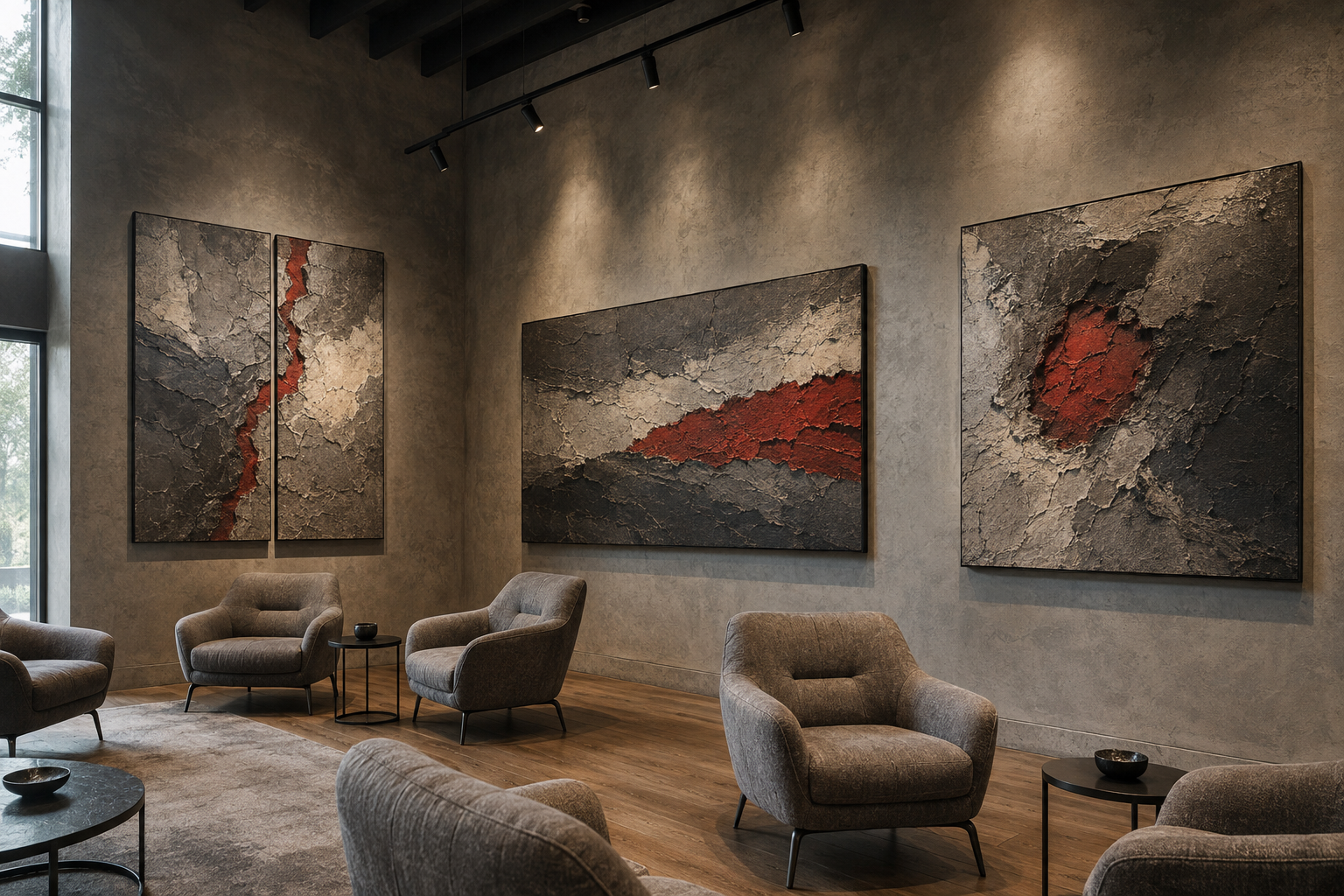 Colección matérica instalada en un salón industrial